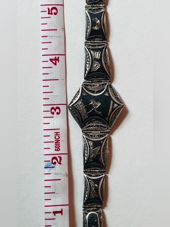 Jewelry - Authentic WWII 1943 "Iran" Sterling Silver Filigree & Niello Bracelet 5 1/2”